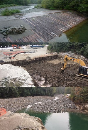 Top: Diversion dam before dismantling; middle: construction crews removing the dam; bottom: site after the dam was decommissioned